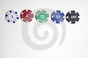 Poker chips ordered from lowest to highest value