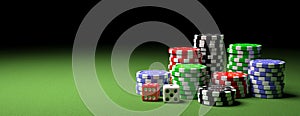 Poker chips piles and dice on green felt, banner, copy space. 3d illustration