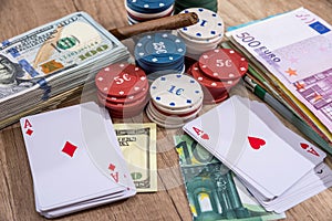 Poker chips, play card with dollar and euro