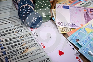 Poker chips, play card with dollar and euro