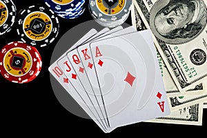 Poker chips Playing cards and dollars