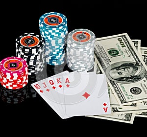Poker chips Playing cards and dollars