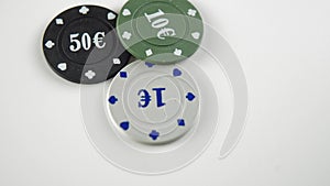 Poker chips rotation on white background. Gambling games, casino concept