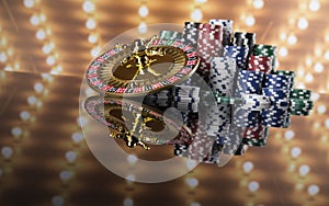 Poker Chips, Roulette wheel in motion, casino background