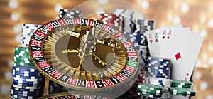 Poker Chips, Roulette wheel in motion, casino background