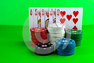 Poker chips and royal flush