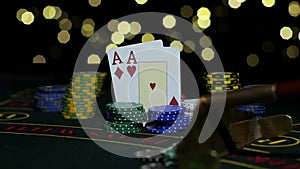 Poker Chips and Two Aces. Close up. Slow motion