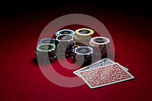 Poker chips and two cards