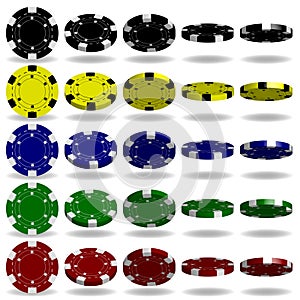 Poker chips vector. 3D realistic set. Flip different angles. Red