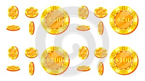 Poker Chips Vector. Flat, Cartoon Set. 20, 50, 100, 200 Dollar Sign. Award Icons. Gold Poker Game Chips Sign Isolated On