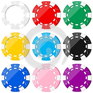 Poker colorful chip icons set isolated on white background - white, red, green, yellow, blue, black, pink, purple.