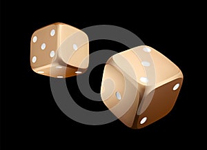 Pocer dice. View of golden white dice. Casino gold dice on black background. Online casino dice gambling concept isolated on black