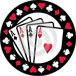 Poker emblem with four aces playing cards suits