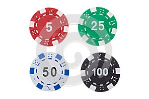 Poker gambling casino chips of different cost isolated on white background