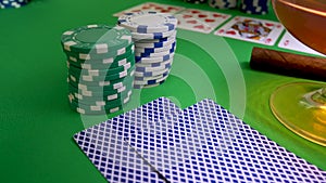 Poker gambling chips on table