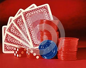 Poker and Gambling Scene - Red Cards, Chips and Sice with Blue CHops