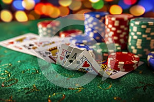 Poker Game Concept with Playing Cards and Casino Chips on Vibrant Table Background with Bokeh Lights