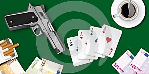 Poker game table seen from above with a pistol