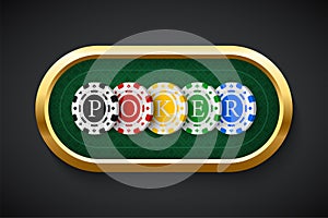 Poker green table background vector illustration. Realistic playing field with colored chips for game blackjack on black