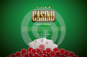 Poker green table cards and chips realistic theme top view