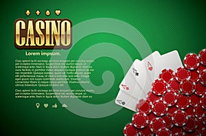 Poker green table cards and chips realistic theme top view