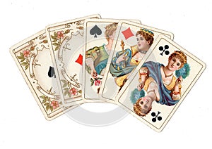 A poker hand of antique playing cards showing a full house.