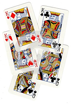 Poker hand of playing cards showing a full house.