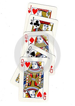 A poker hand of playing cards showing a full house.