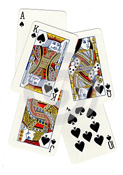 Poker hand of playing cards showing a royal flush.