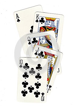 A poker hand of playing cards showing a royal flush.