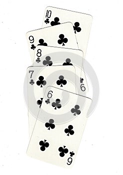 A poker hand of playing cards showing a straight flush.