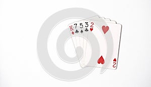 Poker hand ranking, symbol set Playing cards in casino: hight hand, King, seven, five, three, two on white background, luck abstra