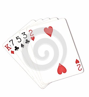 Poker hand ranking, symbol set Playing cards in casino: hight hand, King, seven, five, three, two on white background, luck abstra