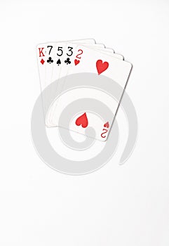 Poker hand ranking, symbol set Playing cards in casino: hight hand, King, seven, five, three, two on white background, luck abstra