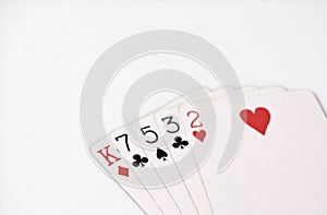 Poker hand ranking, symbol set Playing cards in casino: hight hand, King, seven, five, three, two on white background, luck abstra