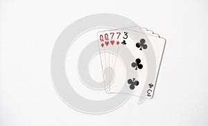 Poker hand ranking, symbol set Playing cards in casino: two pairs, queen, seven on white background, luck abstract, copyspace