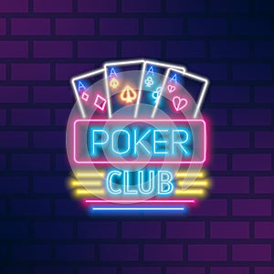 Poker neon sign design vector flat illustration. Casino glowing light signboard isolated on brick wall background