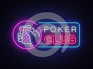 Poker neon sign design vector template. Casino Poker Night Logo, Bright Neon Signboard, Design Element for Casino