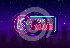 Poker neon sign design vector template. Casino Poker Night Logo, Bright Neon Signboard, Design Element for Casino