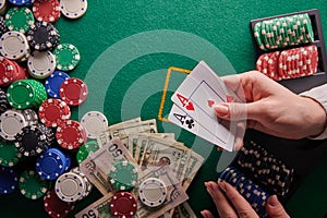 A poker player in a casino is a combination of a pair of aces, a lot of money and chips. horizontal frame. casino background with