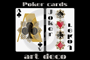 Poker playing card. Ace clubs. Joker. Poker cards in the art deco style. Standard size card. Vector
