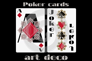 Poker playing card. Ace diamond. Joker. Poker cards in the art deco style.