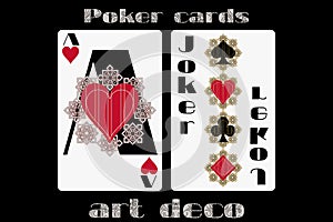 Poker playing card. Ace heart. Joker. Poker cards in the art deco style. Standard size card.