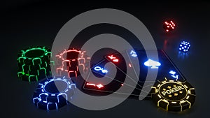 Poker Playing Cards And Casino Chips With Futuristic Neon Lights Isolated On The Black Background - 3D Illustration