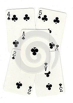 Poker playing cards showing a straight flush.