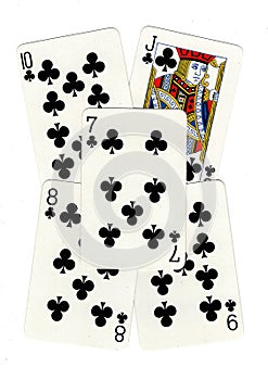 Poker playing cards showing a straight flush.