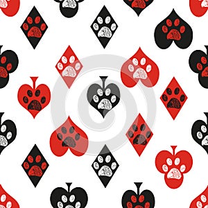 Poker playing gambling card symbol doodle paw prints background. Fabric design seamless pattern