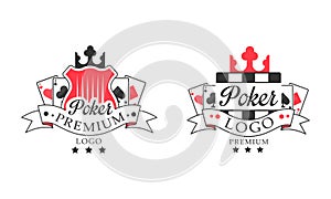 Poker Premium Logo Design Set, Gambling Red and Black Badges and Labels Vector Illustration