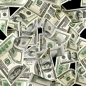 Poker prints us dollar. American money, isolated on black cash. Flying hundred dollars isolated on black background