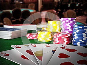 Poker royal flush hand and casino hands standing on poker table. 3D illustration